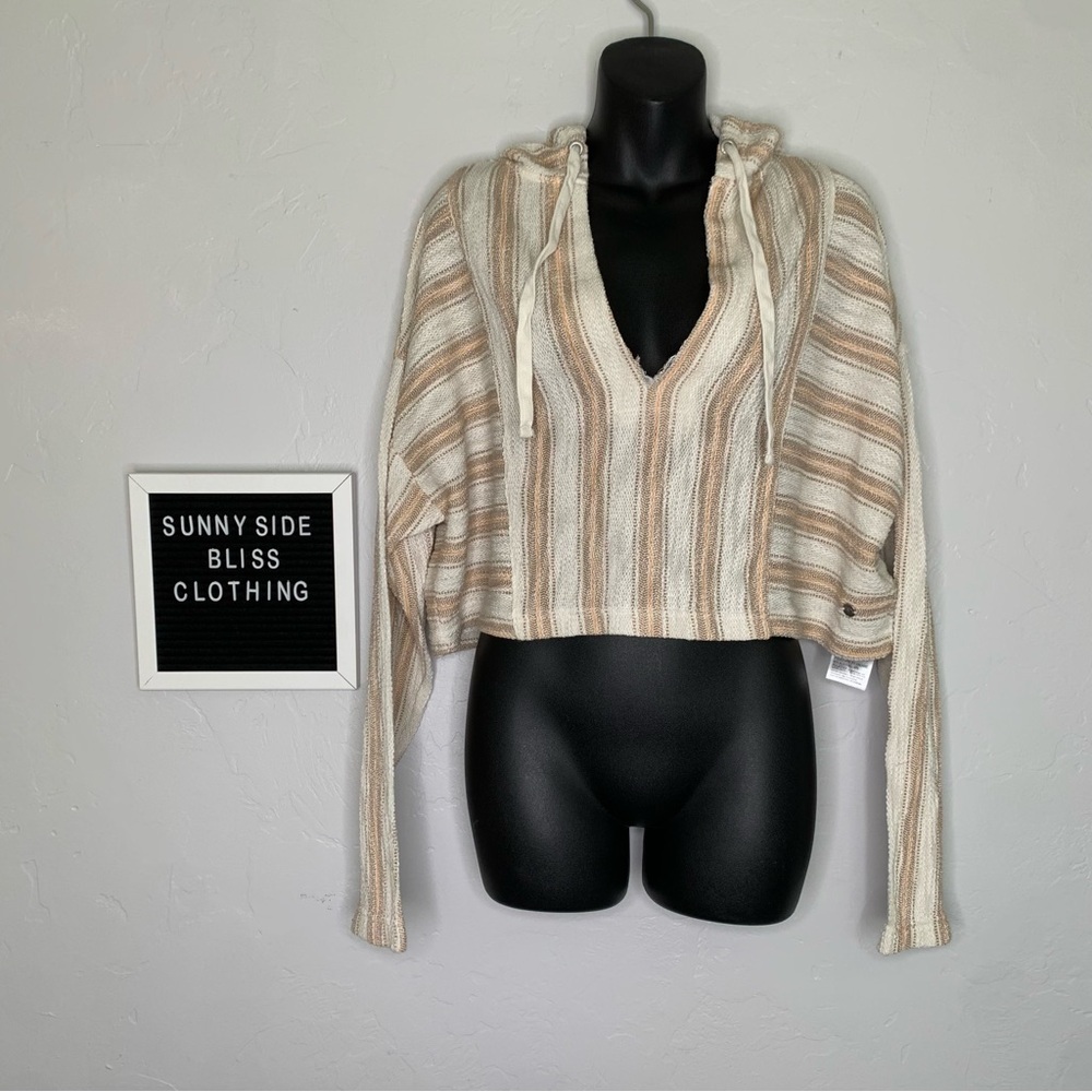 Roxy Striped Cropped Hooded Poncho Sweater Beige Cream Beachy Boho Size Small